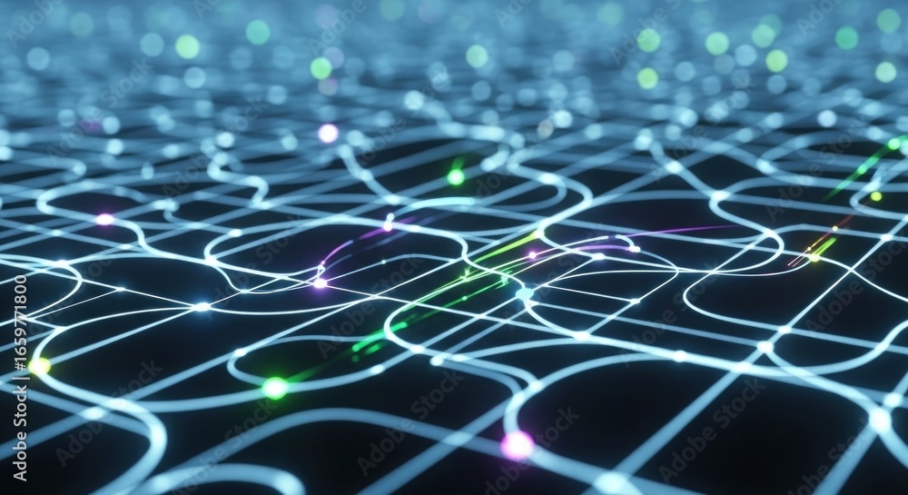 Poster abstract network of glowing nodes connected by curved lines, representing a modern technology and co