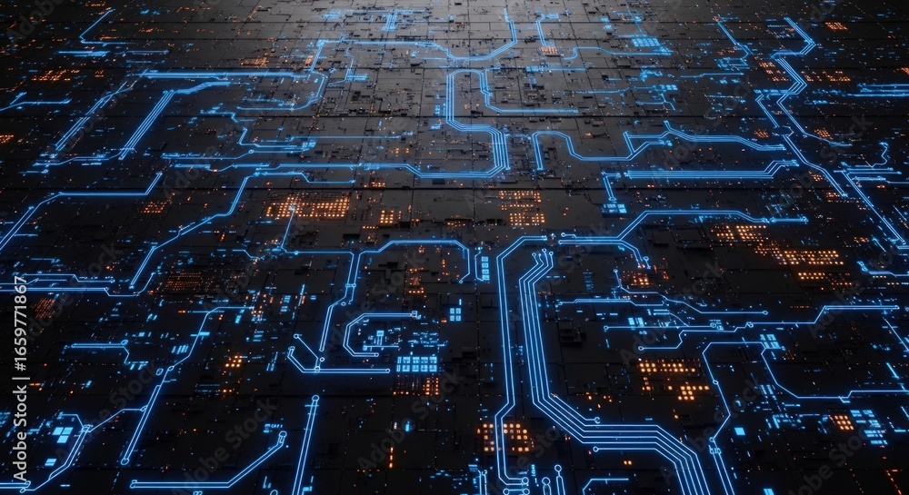 Poster abstract circuit board background with glowing lines, representing technology, computer hardware, an
