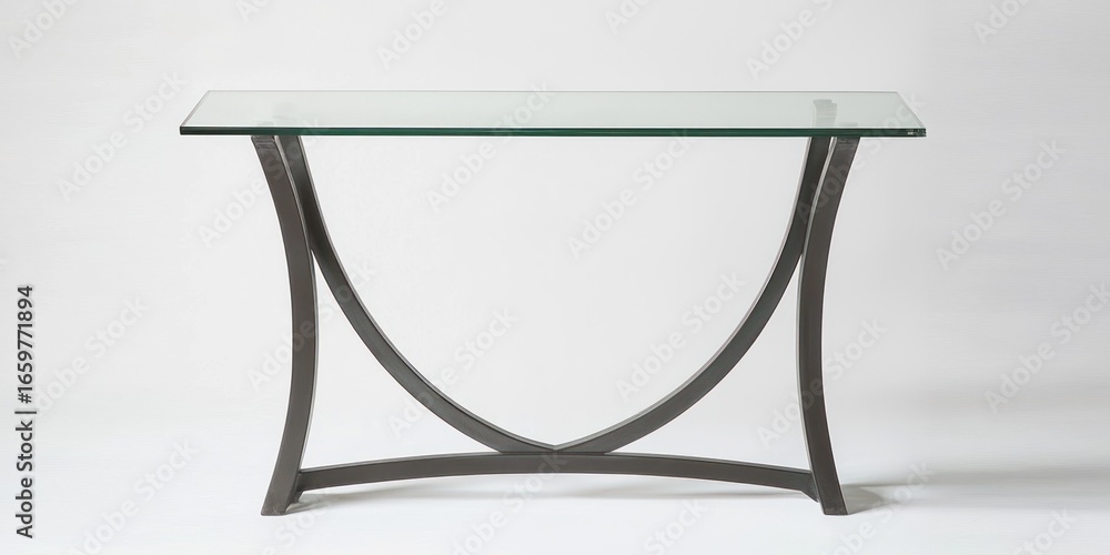 Poster a sleek, modern console table with a rectangular glass top and a dark gray metal frame. the frame fe