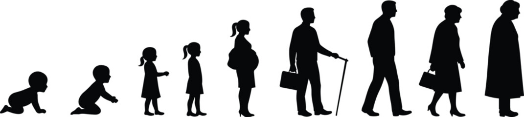 Human life cycle stages from baby to elderly person silhouettes Keywords: life cycle, human life