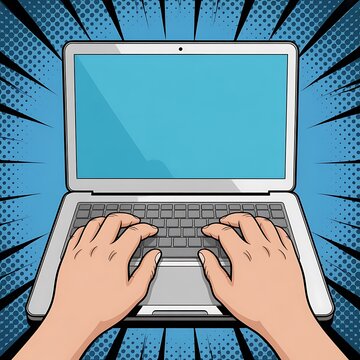 Hands Typing on Laptop Keyboard with Blank Screen Mockup for Content Creation and Digital Marketing Graphic