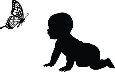 Fototapeta premium Silhouette of a baby crawling towards a butterfly on a white background infant child