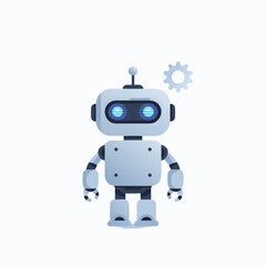 Cute White Robot Standing with Blue Eyes and Arms.