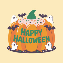 Festive Cartoon Pumpkin with Happy Halloween Text Surrounded by Cute Ghosts and Bats.