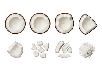 Coconut Half and Slices Set, Isolated on White or Transparent Background
