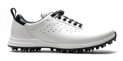 A white golf shoe with black laces and a black outsole sits on a white surface. The shoe has a sleek, minimalist design with perforations for ventilation and a visible tread pattern on the outsole.