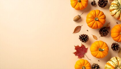 A seasonal arrangement of pumpkins, pinecones, leaves, and acorns, creating a fall-themed composition.