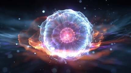 Obraz premium Abstract illustration of a glowing energy sphere surrounded by vibrant colors and dynamic light trails, representing cosmic phenomena and the essence of energy in motion