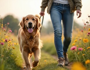 Golden Retriever on leash walks with owner among flowers. Friendly dog enjoys adventure in nature. Woman leads happy pet on a leash through a field of blooming wildflowers. Beautiful scenery.