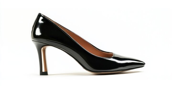 A single, glossy black patent leather pump shoe is presented against a stark white background. The shoe features a pointed toe, a stiletto heel, and a subtle gold accent at the base of the heel. 