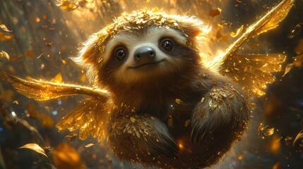 magical sloth with shimmering golden fur and tiny wing for digital wallpaper, background