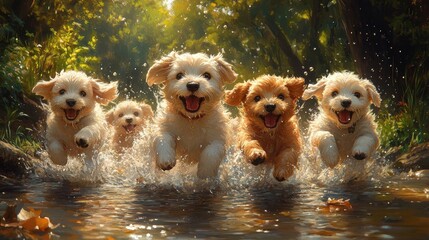 playful group of puppies splashing in a shallow stream for digital wallpaper, background
