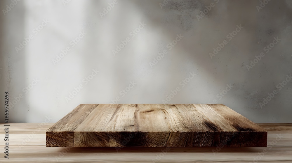 Poster a wooden display surface under soft lighting long title a rustic wooden display table with a smooth 