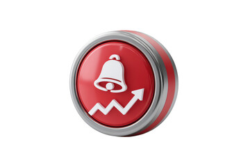 3D red alert icon with bell and rising stock chart, on black