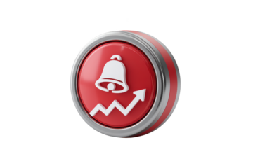 3D red alert icon with bell and rising stock chart, on black