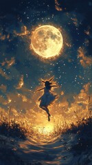 Human rabbit jumping under the full moon.wallpaper for mobile phone.