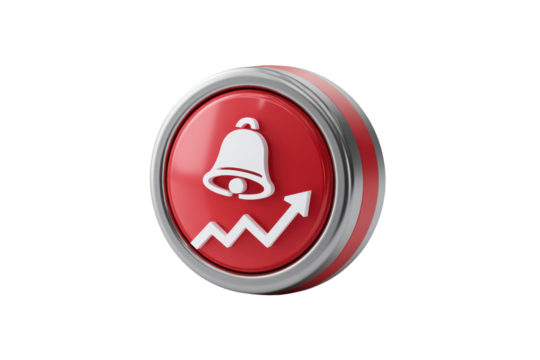 3D red alert icon with bell and rising stock chart, on black - Powered by Adobe