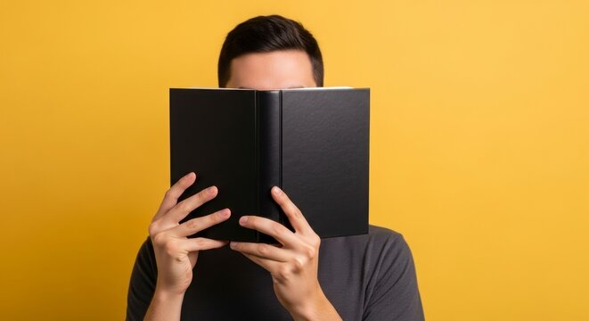 Anonymous Reader Hiding Behind a Blank Black Book on a Vibrant Yellow Background.