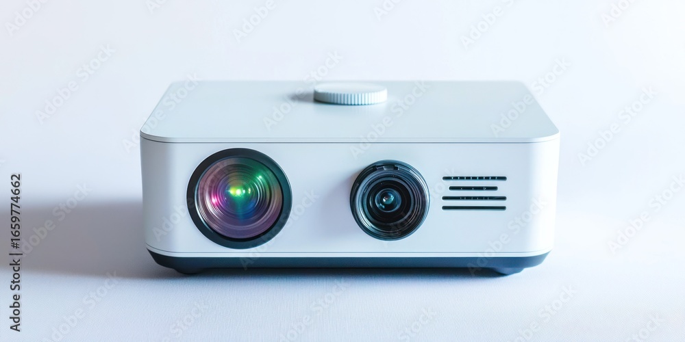 Poster a sleek, white projector sits on a white surface, facing the viewer. the projector has a rounded rec