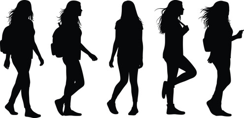 Silhouettes of young women walking and holding bags on a white background girls carrying