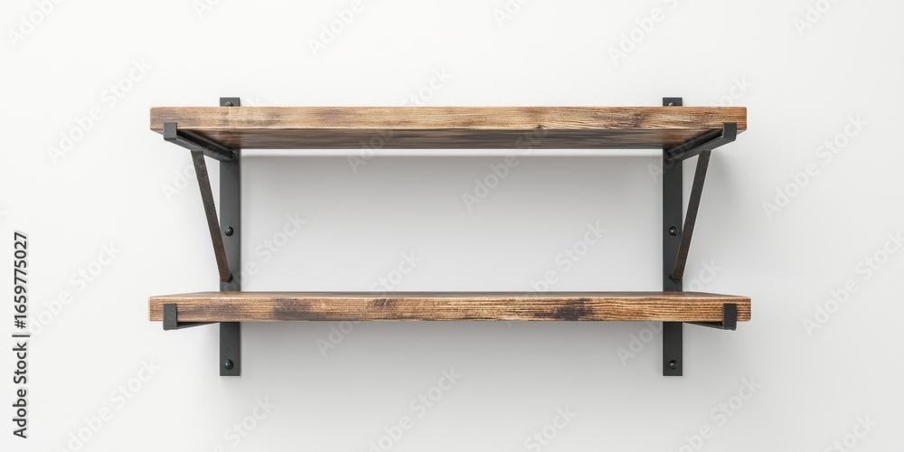 Poster a rustic, two-tiered shelf unit is mounted on a plain white wall. the shelf is constructed from dark