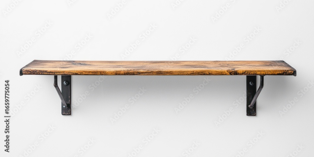 Poster a rustic, dark brown wooden shelf is mounted on a white wall. the shelf has a simple, rectangular sh