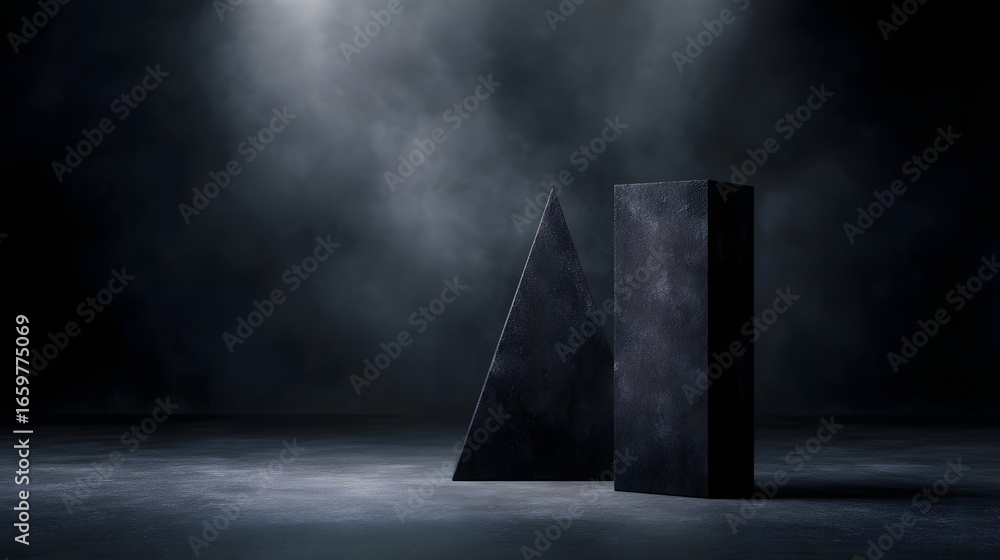 Poster minimal black geometric display stand in studio setting long title stark minimalist product display 