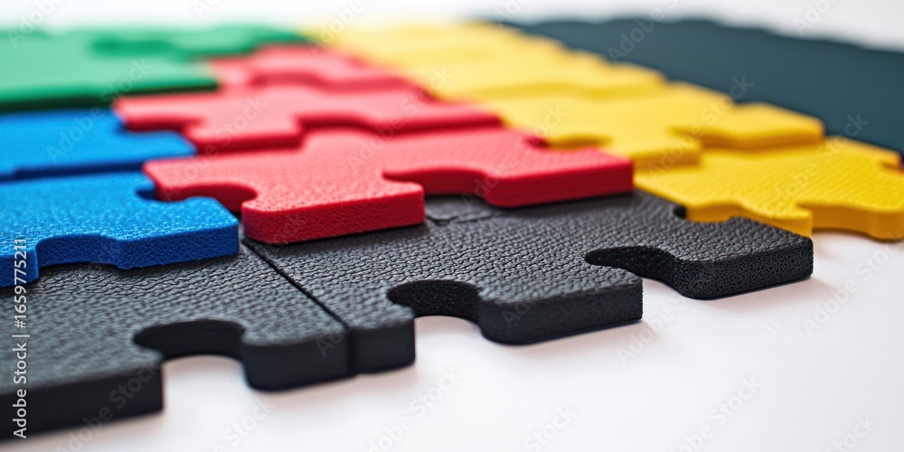 Aufkleber a close-up shot of interlocking foam puzzle pieces arranged in a row on a white surface. the puzzle 
