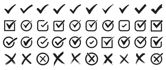 Collection of check marks and cross icons in black, green, and red, featuring approval ticks, rejection crosses, validation boxes, and decision symbols for UI, apps, and business projects.