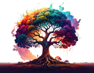 Surreal Tree Illustration with Visible Roots and Skyward Branches, isolated on white