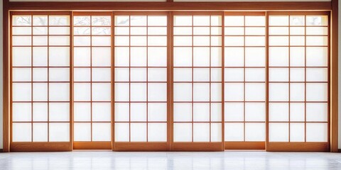 A row of traditional Japanese shoji screens stretches across a spacious room. The screens are constructed with a grid of wooden frames and translucent paper panels, creating a soft, diffused light