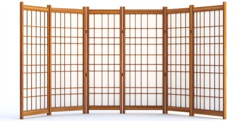 A six-panel Japanese screen, constructed of light-colored wood, stands against a white background. Each panel features a grid pattern of small squares, and the panels are slightly curved
