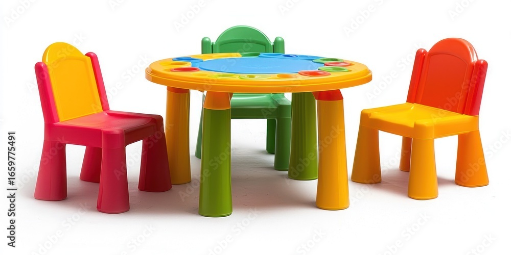 Poster a colorful children's table and chairs set is arranged on a white surface. the table is round and fe