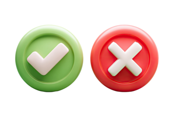 Two 3D icons a green checkmark and a red cross
