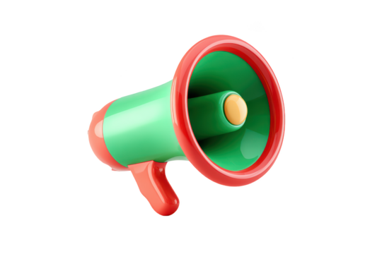 Colorful 3D megaphone rendering against a black background, with vibrant green and red