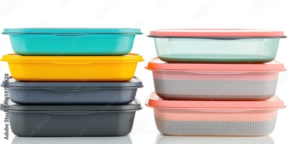 Poster a stack of rectangular food storage containers is arranged in a gradient of colors, including teal, 