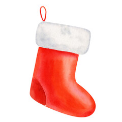 Red Christmas stocking isolated on transparent background. Christmas stocking PNG decoration, watercolor illustration close up