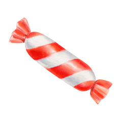Red and white striped candy watercolor illustration isolated on transparent background. Christmas PNG decoration, close up. Individually wrapped piece of candy