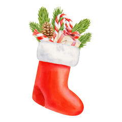 Red Christmas stocking with gifts PNG decoration, watercolor illustration close up stuffed Christmas stocking