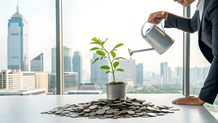businessman watering plant