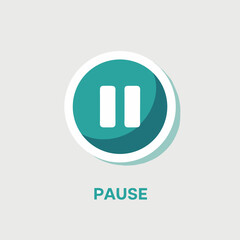 Teal circular pause button icon with two white vertical bars a white border and a subtle drop shadow.