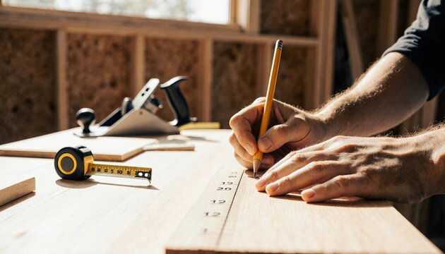 Hands measuring wood with a pencil and ruler, showcasing precision in a woodworking project