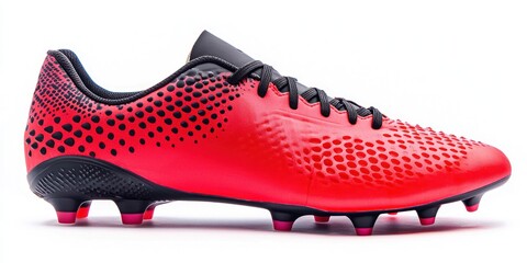 A vibrant red soccer cleat sits on a white background. The cleat features a textured, speckled pattern in dark gray and black. It has a sleek design with black laces and a yellow heel counter. 