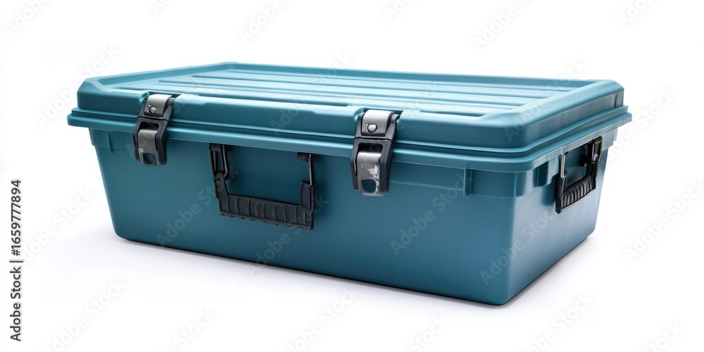 Poster a teal plastic storage container sits on a white surface. the container has a hinged lid secured wit
