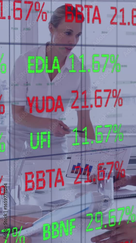 Aufkleber animation of trading board and grid pattern over diverse coworkers discussing reports in office