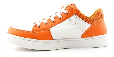 A pair of orange and white sneakers are displayed in a studio setting. The sneakers have a white midsole and a white upper with orange accents.