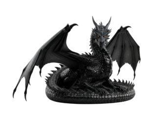 Colossal obsidian black dragon with gleaming scales, intense amber eyes, coiled alertly against a white background, studio lighting. Concept of immense ancient power