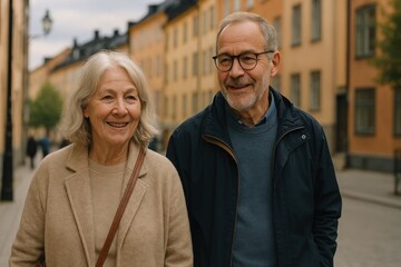Happy senior couple walking outdoors.