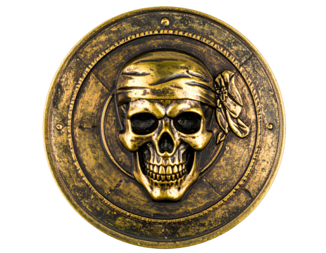 Old pirate bronze medallion coin with a skull in the middle isolated on transparent background.