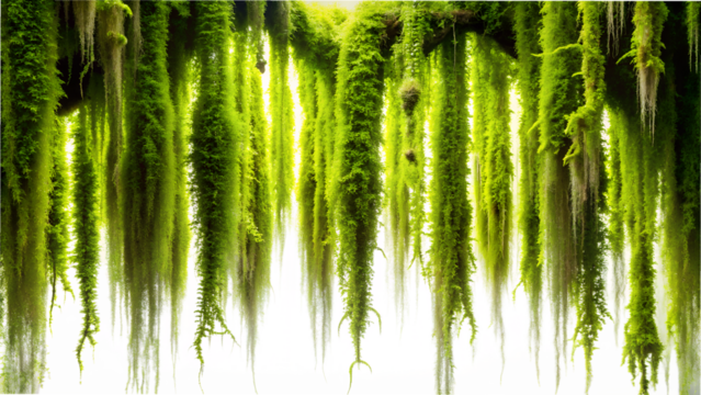 Lush green moss hanging like a curtain against a bright transparent background, creating a natural and serene atmosphere